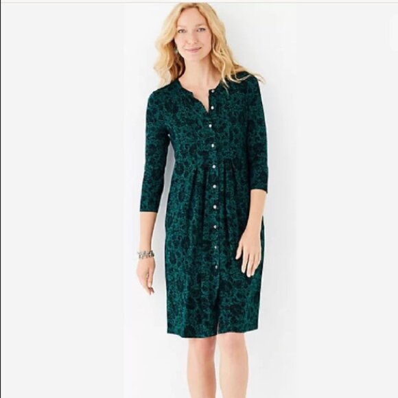 J.JILL Dress XL Viridian Deco Scroll Green Floral Pleated Button Dress - Picture 1 of 14